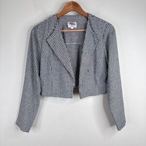 VTG Lanz Plaid Blazer S Navy Gingham Cropped Open Front Retro 90s Preppy Easter